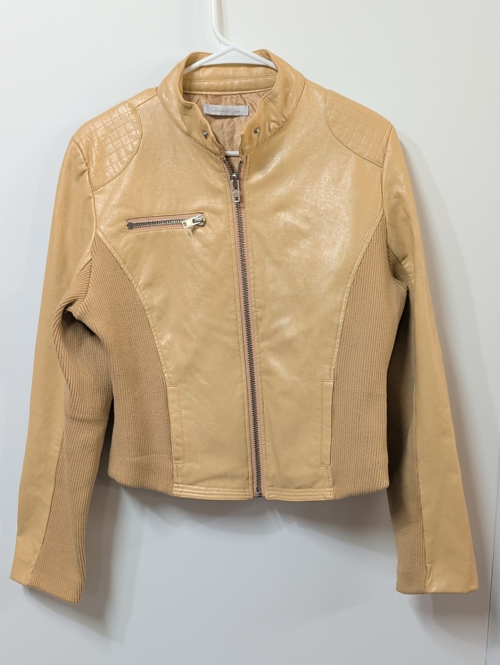 Charlotte Russe Beige Faux Leather Ribbed Moto Jacket Size Large